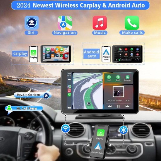 2024 Newest Wireless Portable Carplay and Android Auto, Carplay Screen for Car with Mirror Link/AUX/FM,7" Touchscreen Bluetooth 5.0, Potable Car Stereo with，car accessories