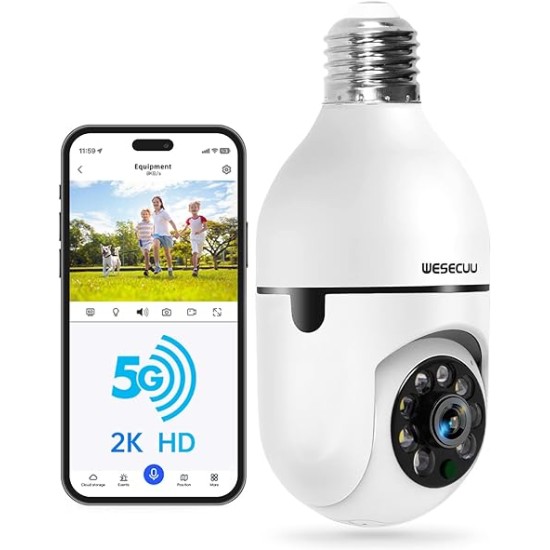 Light Bulb Security Camera 5G& 2.4GHz WiFi 2K Security Cameras Wireless Outdoor Motion Detection and Alarm,Two-Way Talk,Color Night Vision,Human Detection