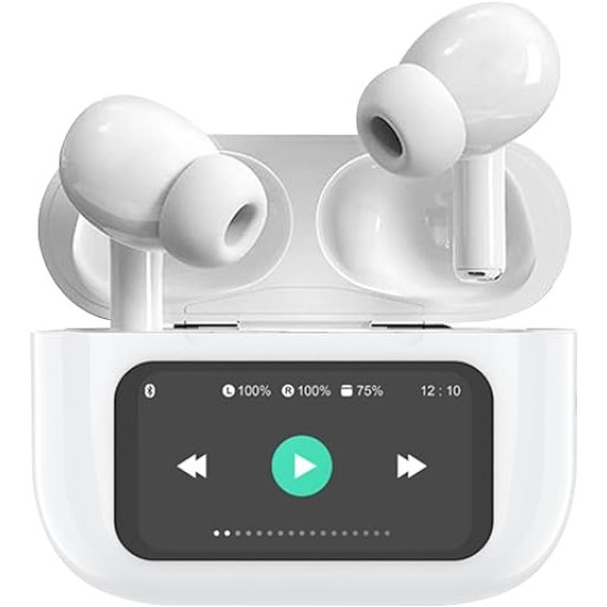 Wireless Earbuds Bluetooth Headphones with LCD Display,Stereo in Ear Noise Canceling Waterproof USB-C Headphones with Mic for iPhone Android iOS.