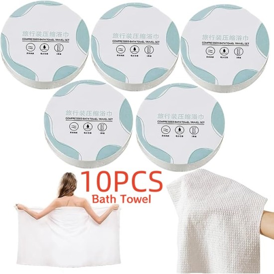 Compressed Bath Towel (55x28 Inch) Cotton-Disposable Reusable Compress Towels, Travel Towels for Camping Sports Hiking Beach Swim Home Bathroom (10PCS)