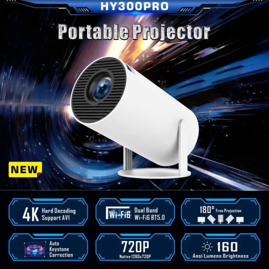 Mini Projector Pro 4K audio Android 11.0 , lighter and more portable 1080P 720P, 200ANSI, portable wireless remote control home mount outdoor theater with 180° projection angle adjustment hy300projector