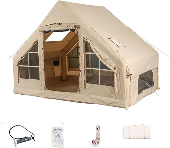 Inflatable Camping Tents with Hand Pump, Air Glamping Tents, Easy Setup Waterproof and Windproof Blow up Tent, 4 Seasons Oxford Cabin Tent with Mesh & Chimney Window